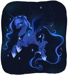 Size: 848x942 | Tagged: safe, artist:artghst, imported from derpibooru, princess luna, alicorn, pony, female, flying, looking at you, mare, smiling, solo, space, spread wings, wings