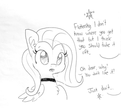 Size: 1614x1440 | Tagged: source needed, safe, artist:tjpones, imported from derpibooru, fluttershy, pegasus, pony, chest fluff, choker, chokershy, dialogue, ear fluff, female, grayscale, implied twilight sparkle, mare, monochrome, oblivious, offscreen character, painfully innocent fluttershy, simple background, solo focus, until the choker breaks, white background