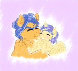 Size: 738x666 | Tagged: safe, artist:miyathegoldenflower, imported from derpibooru, flash sentry, oc, oc:hermes, alicorn, pony, alicorn oc, alternate hairstyle, baby, baby pony, blushing, cheek kiss, chest fluff, colt, cute, father and son, kiss on the cheek, kissing, male, ocbetes, offspring, older, papa flash, parent:flash sentry, parent:twilight sparkle, parents:flashlight, smiling