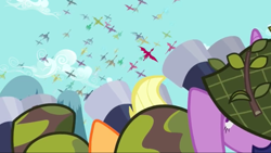 Size: 1440x811 | Tagged: safe, imported from derpibooru, screencap, applejack, karst, twilight sparkle, dragon, pony, dragon quest, background dragon, binoculars, camouflage, carnelian, dragon migration, flying, helmet, looking up, migration