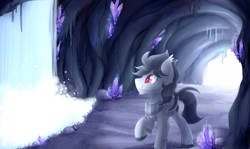 Size: 1024x609 | Tagged: safe, artist:scarlet-spectrum, imported from derpibooru, oc, oc only, oc:sarr, bat pony, pony, bat pony oc, cavern, clothes, commission, male, raised hoof, scarf, smiling, stallion, waterfall