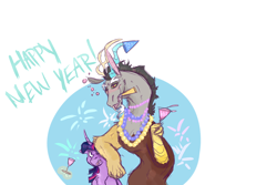 Size: 3000x2000 | Tagged: safe, artist:m00n-fruit, imported from derpibooru, discord, twilight sparkle, alicorn, alcohol, annoyed, blushing, dripcord, drunk, happy new year, hat, holiday, jewelry, necklace, party hat, party horn, twilight sparkle (alicorn)