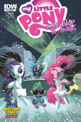 Size: 659x1000 | Tagged: artist needed, safe, idw, imported from derpibooru, dj pon-3, fluttershy, pinkie pie, rarity, spike, vinyl scratch, dragon, earth pony, pony, unicorn, spoiler:comic, bipedal, clothes, cover, dancing, dress, female, gangnam style, male, mare, official comic, sunglasses