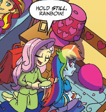 Size: 208x221 | Tagged: safe, artist:tonyfleecs, idw, imported from derpibooru, fluttershy, rainbow dash, sunset shimmer, equestria girls, balloon, brush, clothes, comic, lamp, pajamas, room, shipping fuel, sleepover