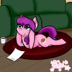 Size: 1024x1024 | Tagged: safe, artist:pastel-pony-princess, imported from derpibooru, lily longsocks, drink, lying down, older, pencil, solo, thinking