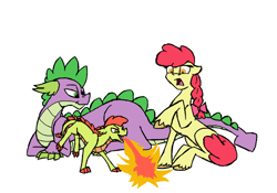 Size: 1000x700 | Tagged: safe, artist:notaguitarfret, imported from derpibooru, apple bloom, spike, oc, oc:apple flame, dracony, dragon, hybrid, pony, family, female, fire, fire breath, interspecies, interspecies offspring, male, next generation, offspring, older, older apple bloom, older spike, parent:apple bloom, parent:spike, parents:spikebloom, ponytail, shipping, simple background, spikebloom, straight, white background