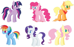 Size: 1024x656 | Tagged: safe, artist:galacticcinnamonbuni, imported from derpibooru, applejack, fluttershy, pinkie pie, rainbow dash, rarity, twilight sparkle, alicorn, earth pony, pegasus, pony, unicorn, bandana, base used, chest fluff, colored wings, colored wingtips, curved horn, ear fluff, eye contact, female, happy, leonine tail, lidded eyes, looking at each other, mane six, mare, older, open mouth, simple background, smiling, tail feathers, transparent background, twilight sparkle (alicorn), unshorn fetlocks