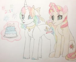 Size: 1024x845 | Tagged: safe, artist:evergreen-gemdust, imported from derpibooru, sunset shimmer, oc, pony, unicorn, bow, cake, female, food, hair bow, magic, mare, sitting, tail bow, traditional art
