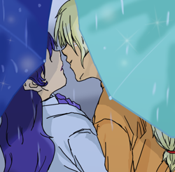 Size: 600x587 | Tagged: safe, artist:eulicious, imported from derpibooru, applejack, rarity, human, female, humanized, imminent kissing, lesbian, rain, rarijack, shipping, umbrella