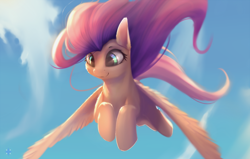 Size: 1308x830 | Tagged: dead source, safe, artist:noctilucent-arts, imported from derpibooru, fluttershy, pegasus, pony, cloud, cropped, female, flying, mare, sky, smiling, solo, spread wings, windswept mane, wings