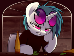 Size: 1725x1310 | Tagged: safe, artist:php69, imported from derpibooru, dj pon-3, vinyl scratch, pony, unicorn, alcohol, angry, beer bottle, broken glasses, city, clothes, coin, crying, female, glasses, mare, money, rain, sad, sitting, solo, window