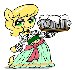 Size: 640x600 | Tagged: safe, artist:ficficponyfic, imported from derpibooru, oc, oc only, oc:golden brisk, pony, alcohol, bedroom eyes, beer, bipedal, clothes, collar, crossdressing, dress, simple background, solo, tray, white background