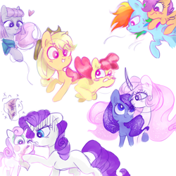 Size: 5000x5000 | Tagged: safe, artist:pinkablue, imported from derpibooru, apple bloom, applejack, maud pie, princess celestia, princess luna, rainbow dash, rarity, scootaloo, sweetie belle, alicorn, earth pony, pegasus, pony, unicorn, absurd resolution, balloon, curved horn, cute, cutie mark crusaders, female, filly, filly celestia, filly luna, heart, magic, makeup, mare, simple background, sisters, telekinesis, white background, woona, younger