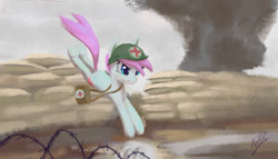 Size: 1748x1000 | Tagged: safe, artist:hecc95, imported from derpibooru, nurse redheart, pony, drawthread, female, helmet, medic, solo, trench, war