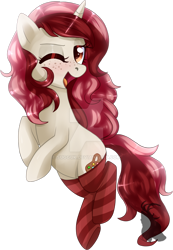 Size: 800x1157 | Tagged: safe, artist:sugguk, imported from derpibooru, oc, oc only, oc:red palette, pony, unicorn, clothes, female, mare, one eye closed, simple background, socks, solo, striped socks, transparent background, watermark, wink