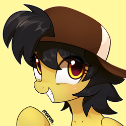 Size: 1800x1800 | Tagged: safe, artist:maren, imported from derpibooru, oc, oc only, oc:hay tea, pegasus, pony, backwards ballcap, baseball cap, bust, cap, commission, female, hat, mare, portrait, solo