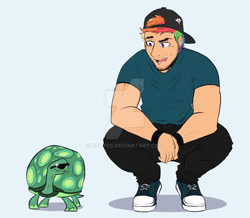 Size: 1024x891 | Tagged: safe, artist:nolycs, imported from derpibooru, rainbow dash, tank, human, tortoise, cap, clothes, converse, hat, humanized, male, multicolored hair, pants, rainbow blitz, rule 63, shirt, shoes, simple background, smiling, squatting, sunglasses, watermark