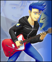 Size: 720x864 | Tagged: safe, artist:tarenest, imported from derpibooru, flash sentry, equestria girls, equestria girls series, clothes, guitar, hoodie, male, pants, solo, zoom layer