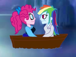 Size: 1031x774 | Tagged: safe, artist:ktd1993, imported from derpibooru, pinkie pie, rainbow dash, equestria girls, ariel, boat, clothes, cosplay, costume, disney, female, lesbian, looking at each other, pinkiedash, prince eric, shipping, smiling, the little mermaid