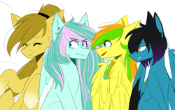 Size: 1279x809 | Tagged: safe, artist:cupofvanillatea, imported from derpibooru, oc, oc only, oc:ann, oc:despy, oc:sunflower (starflygallery), oc:velvet, pegasus, pony, female, mare