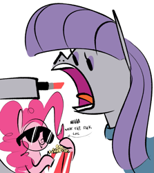 Size: 719x807 | Tagged: safe, artist:hattsy, imported from derpibooru, maud pie, pinkie pie, earth pony, pony, bust, dialogue, duo, eating, female, food, hoof hold, lipstick, lol, mare, open mouth, popcorn, simple background, sunglasses, vulgar, white background, wtf