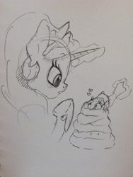 Size: 2448x3264 | Tagged: safe, artist:dilarus, deleted from derpibooru, imported from derpibooru, princess celestia, twilight sparkle, alicorn, pony, unicorn, the tiny apprentice, blanket burrito, clothes, duo, female, filly, filly twilight sparkle, gift wrapped, heart, magic, mare, monochrome, scarf, telekinesis, that pony sure does love celestia, traditional art, younger