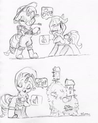 Size: 1855x2324 | Tagged: safe, artist:dilarus, deleted from derpibooru, imported from derpibooru, rainbow dash, rarity, pegasus, pony, unicorn, bird house, boots, bush, clothes, comic, dialogue, duo, environmental suit, eyes closed, female, grayscale, hat, implied flutterdash, implied lesbian, implied rarijack, implied shipping, mare, monochrome, raised hoof, shoes, speech bubble, straw in mouth, this can only end well, traditional art