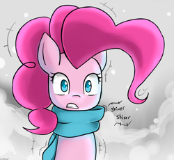 Size: 1500x1381 | Tagged: safe, artist:genericmlp, imported from derpibooru, pinkie pie, earth pony, pony, clothes, cold, female, mare, scarf, shivering, snow, solo