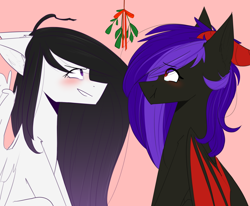 Size: 1280x1054 | Tagged: safe, artist:cupofvanillatea, imported from derpibooru, oc, oc only, oc:abzu, oc:dark, bat pony, pegasus, pony, blushing, female, mare, mistletoe