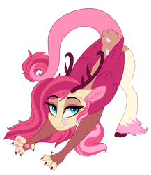 Size: 1277x1470 | Tagged: safe, artist:saphi-boo, imported from derpibooru, oc, oc only, oc:jinx, draconequus, hybrid, pony, draconequus oc, interspecies offspring, offspring, parent:discord, parent:fluttershy, parents:discoshy, simple background, solo, stretching, tongue out, transparent background, unshorn fetlocks