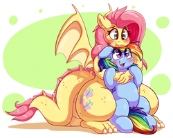 Size: 3767x3000 | Tagged: safe, artist:graphene, imported from derpibooru, fluttershy, rainbow dash, dragon, pony, blushing, cute, dashabetes, dragonified, female, flutterdash, flutterdragon, hug, lesbian, shipping, shyabetes, species swap