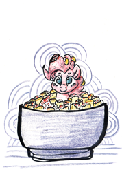 Size: 912x1280 | Tagged: safe, artist:shoeunit, imported from derpibooru, pinkie pie, earth pony, pony, bowl, colored pencil drawing, corn, esquites, female, food, mare, ponies in food, solo, traditional art