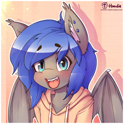 Size: 550x550 | Tagged: safe, artist:hoodie, imported from derpibooru, oc, oc only, oc:moonslurps, anthro, bat pony, semi-anthro, blushing, bust, clothes, hoodie, portrait, solo, wings