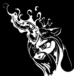 Size: 5289x5415 | Tagged: safe, artist:nadnerbd, imported from derpibooru, queen chrysalis, changeling, changeling queen, absurd resolution, female, glowing horn, magic, monochrome, solo, sternocleidomastoid