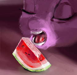 Size: 1080x1050 | Tagged: safe, artist:xbi, imported from derpibooru, twilight sparkle, pony, 30 minute art challenge, close-up, delicious, eyes closed, female, food, mare, open mouth, signature, solo, teeth, watermelon