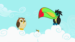 Size: 1280x720 | Tagged: safe, imported from derpibooru, screencap, bird, insect, keel-billed toucan, owl, toucan, wasp, may the best pet win, animal, cloud, on a cloud, perching, sitting on a cloud, sitting on cloud