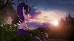 Size: 1920x1080 | Tagged: safe, artist:redaceofspades, imported from derpibooru, starlight glimmer, pony, unicorn, 3d, castle, female, mare, rear view, scenery, solo, source filmmaker, sunrise, tree