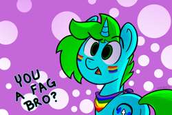 Size: 2000x1333 | Tagged: safe, artist:scritchy, imported from derpibooru, oc, oc only, oc:pixel bit, pony, unicorn, faggot, gay pride, gay pride flag, irony, male, pride, solo, vulgar