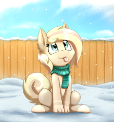 Size: 2422x2587 | Tagged: safe, artist:otakuap, imported from derpibooru, oc, oc only, original species, clothes, commission, hooves, looking up, paws, scarf, sitting, snow, solo, tongue out, ych result