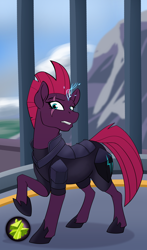 Size: 1322x2242 | Tagged: safe, artist:tf-sential, deleted from derpibooru, imported from derpibooru, tempest shadow, my little pony: the movie, armor, broken horn, clothes, eye scar, female, looking at you, mare, obsidian orb, raised hoof, scar, shoes, solo, transformation, transformation sequence, transgender transformation