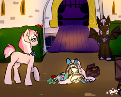 Size: 1280x1024 | Tagged: safe, artist:pastel-pony-princess, imported from derpibooru, oc, oc only, oc:nebula, oc:sylphie, bat pony, pony, unicorn, bat pony oc, cabbage, drawbridge, face down ass up, food, night guard, question mark, raised hoof, tomato