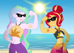 Size: 1309x950 | Tagged: safe, artist:niban-destikim, imported from derpibooru, princess celestia, sunset shimmer, equestria girls, equestria girls series, alternate hairstyle, alternative cutie mark placement, armpits, beach, biceps, bikini, bracelet, catasterism, clothes, commission, cutie mark tattoo, duo, flexing, geode of empathy, hair up, jewelry, magical geodes, muscles, praise the sun, praise the sunset, princess musclestia, principal celestia, principal musclestia, summer sunset, sunglasses, sunset lifter, sunshine shimmer, swimsuit, tattoo