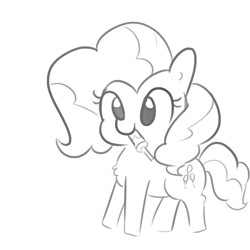 Size: 1650x1650 | Tagged: safe, artist:tjpones, imported from derpibooru, pinkie pie, earth pony, pony, chest fluff, cute, diapinkes, female, grayscale, mare, monochrome, mouth hold, simple background, solo, white background