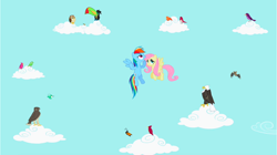 Size: 1282x720 | Tagged: safe, imported from derpibooru, screencap, constance, fluttershy, rainbow dash, bald eagle, bat, bird, butterfly, eagle, falcon, hummingbird, insect, keel-billed toucan, owl, pegasus, pony, toucan, wasp, may the best pet win, animal, cloud, cutie mark, female, flying, hooves, mare, monarch butterfly, on a cloud, peregrine falcon, sitting on a cloud, sitting on cloud, sky, songbird, wings