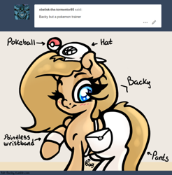 Size: 500x508 | Tagged: safe, artist:slavedemorto, imported from derpibooru, oc, oc:backy, bag, clothes, hat, one eye closed, pants, poké ball, pokéball, pokémon, wink, wristband