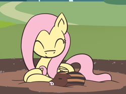 Size: 1800x1350 | Tagged: safe, artist:flutterluv, imported from derpibooru, fluttershy, pegasus, pony, cute, eyes closed, female, floppy ears, mare, mud, mud bath, prone, smiling, solo, warthog