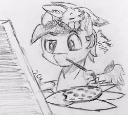 Size: 2710x2448 | Tagged: safe, artist:floofyfoxcomics, imported from derpibooru, oc, oc only, oc:forest sketch, fennec fox, fox, pegasus, pony, canvas, easel, high res, male, monochrome, mouth hold, paintbrush, palette, sleeping, stallion