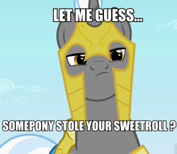 Size: 828x720 | Tagged: safe, edit, edited screencap, imported from derpibooru, screencap, pony, sweet and elite, image macro, male, meme, roflbot, royal guard, skyrim, skyrim guard lines, solo, the elder scrolls
