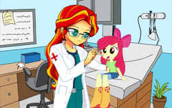 Size: 1523x964 | Tagged: safe, artist:dakari-king-mykan, artist:twilite-sparkleplz, edit, imported from derpibooru, apple bloom, sunset shimmer, equestria girls, bad edit, boots, check-up, doctor, duo, glasses, shoes, stethoscope, style clash