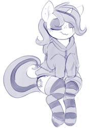 Size: 627x886 | Tagged: safe, artist:dimfann, imported from derpibooru, oc, oc only, oc:lilith, pony, unicorn, clothes, monochrome, sketch, socks, solo, striped socks, sweater